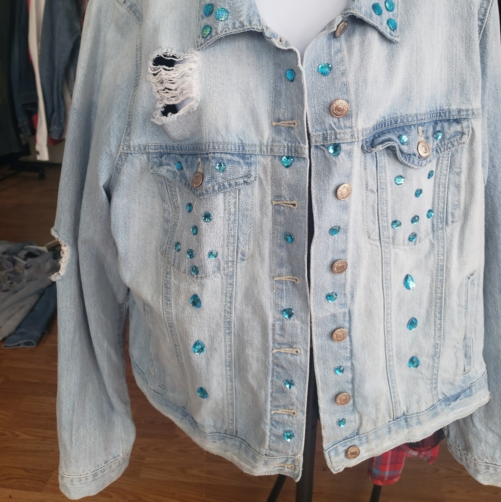 Embellished distressed denim jacket